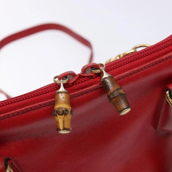 GUCCI Bamboo Hand Bag Leather 2way Red Gold Auth gh613 - Picture 13 of 16
